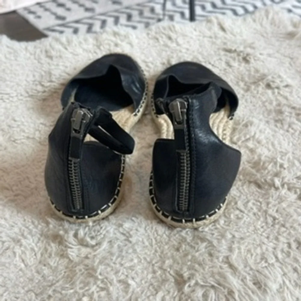 Eileen Fisher Lala Black Tumbled Leather Espadrille Ankle Strap Flat Sandals